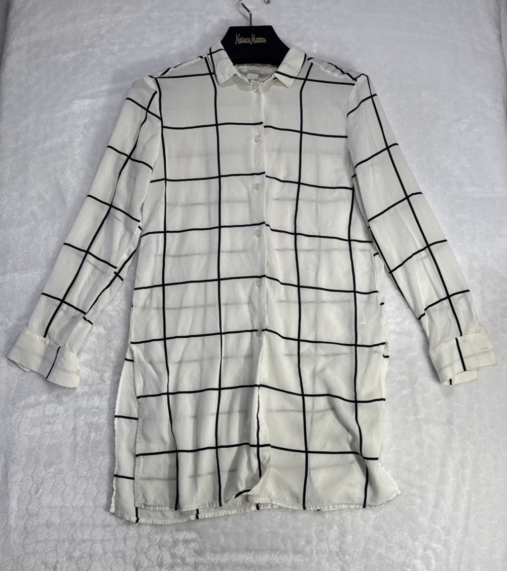 H&M Button Up Long Line Plaid Shirt Long Sleeves Women 4 Tunic Resort Minimalist